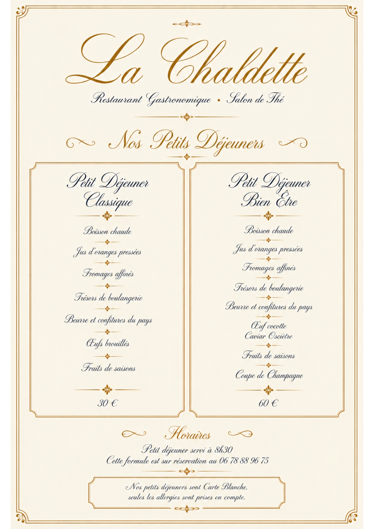 Menu Petits Dejeuners restaurant la Chaldette en Lozère en Aubrac